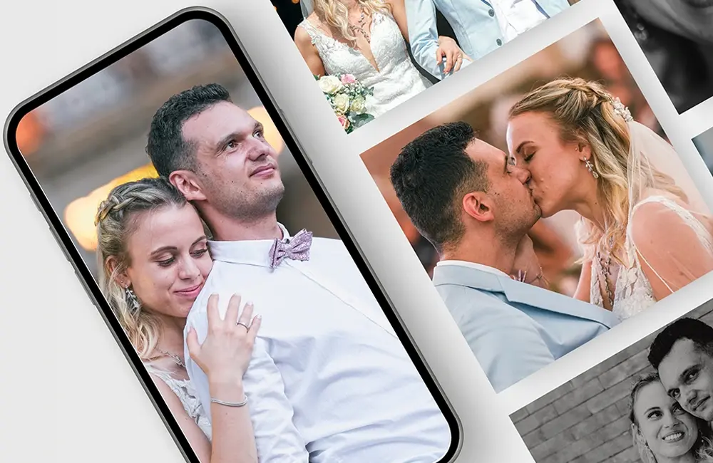 Ein Foto mit vielen Hochzeitsfotos und Videografie. Braut und Bräutigam sind auf den Bildern zu sehen.