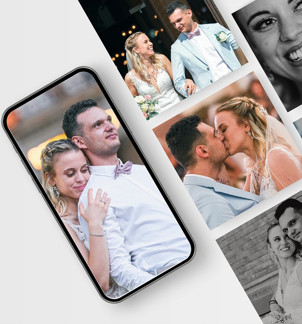 Ein Foto mit vielen Hochzeitsfotos und Videografie. Braut und Bräutigam sind auf den Bildern zu sehen.